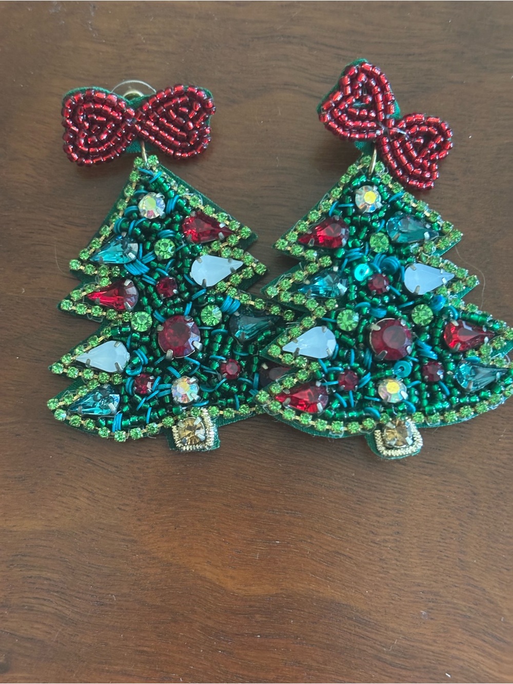 Beaded Christmas Tree Earrings with Red Bow